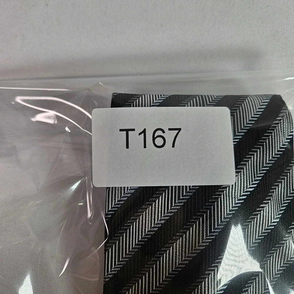 Cezani 100% Silk Hand Made Tie Black‎ Gray Stripes 4